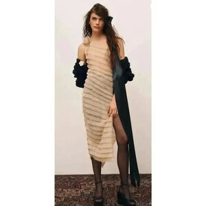 NWT Kimchi Blue Urban Outfitters Rita Ruffle Rose Dress Sheer Beige Tule Size M